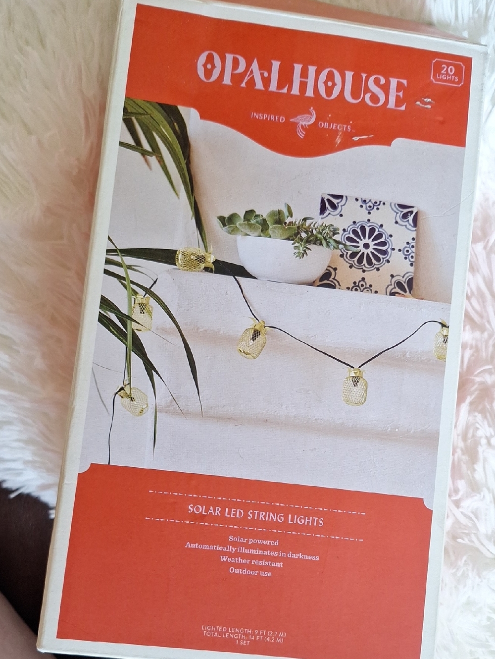 NIB Opalhouse Gold Pineapple Solar LED String Lights - 20 Warm Gold Lanterns